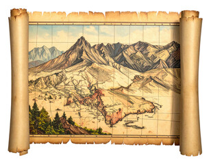 Antique map depiction of mountainous terrain on a weathered scroll
