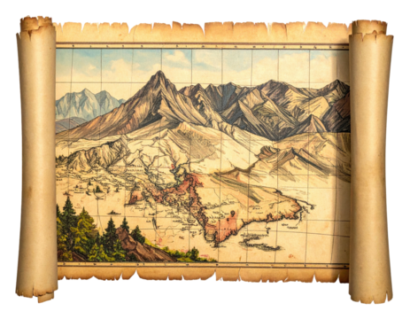 Antique map depiction of mountainous terrain on a weathered scroll