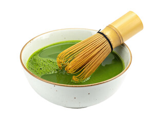 A ceramic bowl with matcha and bamboo whisk, on a transparent background