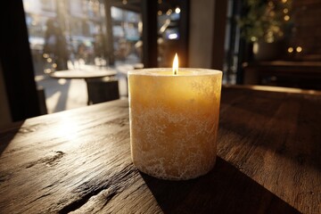 Glowing Decorative Candle On Wooden Table