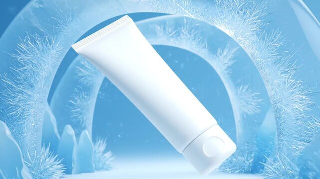 Pure white cosmetic tube mockup floating in icy miniature glacier cave
