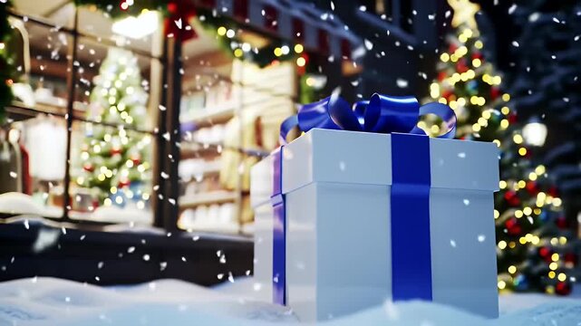 Christmas Gift in Snowy Winter Scene with Trees Decorated with String Lights in Outdoor Setting