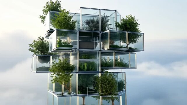 modular glass architecture with lush greenery trees floating above dreamlike cloudscape for symbolizing sustainable future living innovative design concept