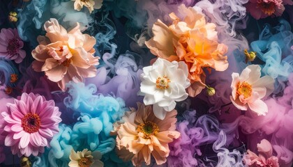 Ethereal Flowers Amidst Swirling Pastel Smoke and Mist