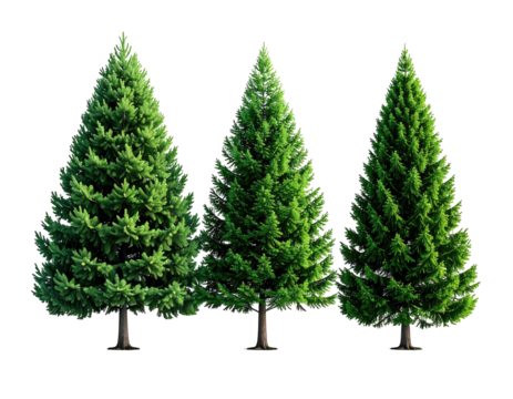 Three vibrant green evergreen trees, standing against a transparent backdrop