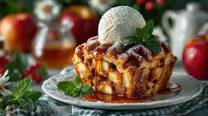 Apple pie with ice cream and mint on a plate with apples.