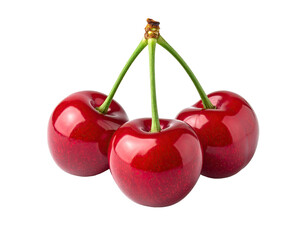 Three ripe, glossy cherries on a slender stem against a solid black background