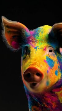 A rainbow-painted animal head with bright splashes across its fur, set against dark background mood
