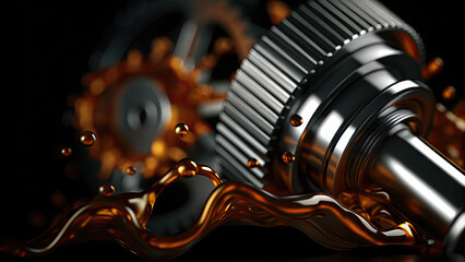 Oil wave splashing across motor gears concept. Close-up of a metal gear with oil splash on black background.
