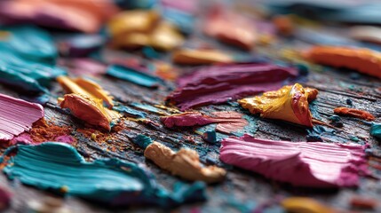 Close-up of broken colorful oil pastels scattered on black surface with textured details and vivid hues