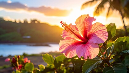Vibrant Close up Hibiscus Flower with Tropical Sunset Background Landscape