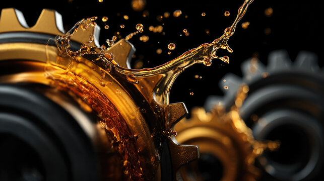 Oil wave splashing across motor gears concept. Close-up of metal gears with oil splash on dark background.