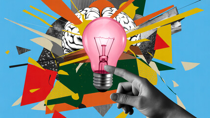 Surreal digital collage, glowing pink light bulb, dreamlike imaginative composition