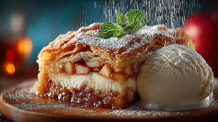 Apple strudel slice with ice cream and powdered sugar on a wooden plate.