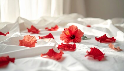 Soft and Gentle Red Hibiscus Flower on White Fabric Textile