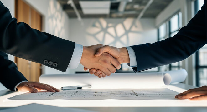 Two businessmen shaking hands over architectural blueprints on a table, signifying a successful agreement or partnership in construction or design.