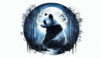 Night Forest Panda with Bright Full Moon