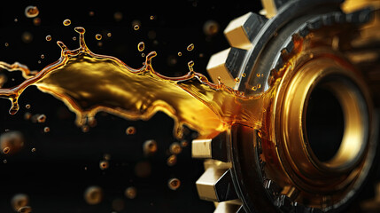 Oil wave splashing across motor gears concept. Golden liquid splashing from a rotating gear in motion.
