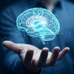 Human Hand Holding Digital Brain Network.