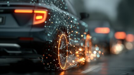 Car rear view with digital effects on wheels and tail lights.