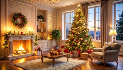 Fototapeta premium Elegant Christmas Decor: Luxurious Holiday Living Room