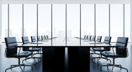 Modern Empty Conference Room with Large Windows and City View.