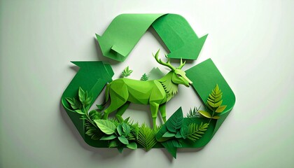 “Origami-style green paper deer surrounded by handcrafted leaves and ferns, set against a neutral background.”