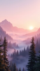 Obraz premium Majestic mountain range scene with a dense forest shrouded in ethereal mist at sunrise or sunset