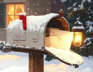 Snow covered mailbox with letter inside during winter.