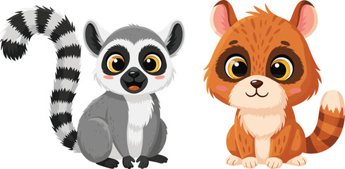 Cute cartoon lemur with striped tail and adorable red panda sitting, funny exotic wild animal character illustration, vector art design © MDALRAFIN