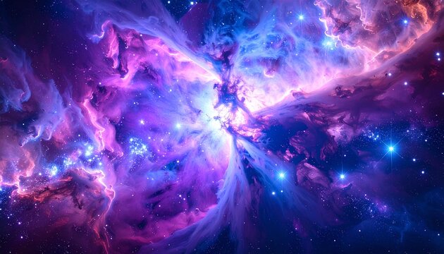 Abstract Cosmic Nebula with Vibrant Purple and Blue Gas and Bright Stars