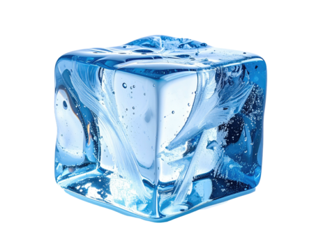 Close-up of a translucent, cubic ice form against a stark black background