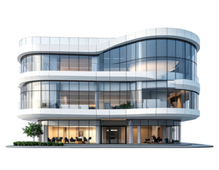 Modern, curved glass and white facade office building with ample windows