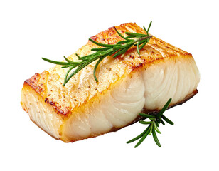 Seared, flaky white fish fillet garnished with fresh green rosemary sprigs