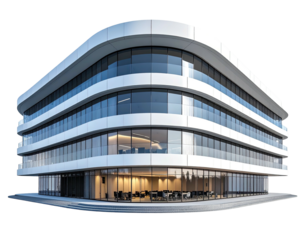 Modern, curved-corner building with large glass windows and reflective surfaces