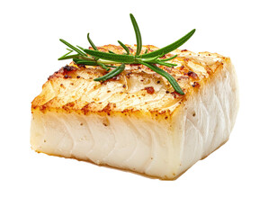 Grilled fish filet, topped with rosemary sprig, isolated on black background