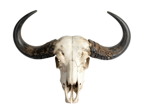 Close-up of a white buffalo skull with dark horns on a solid black background