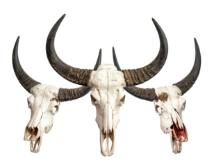 Three skulls with large horns, a centerpiece of bone against a black background