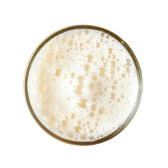 Overhead view of a beer glass with frothy foam and large bubbles isolated on white background