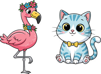 Cute cartoon pink flamingo with flower crown and adorable blue striped cat wearing yellow bow tie, funny animal vector illustration