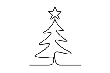 Christmas tree continuous line art drawing with star, celebration holiday decoration, transparent background