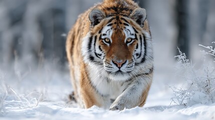 A siberian tiger walking through a snow covered forest with a focused and intense gaze forward