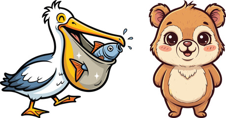 Cute cartoon pelican holding fish in beak and adorable smiling bear character, funny wild animal vector illustration, children design art