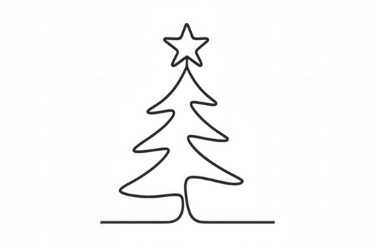 Christmas tree continuous line art drawing with star, celebration holiday decoration, transparent background