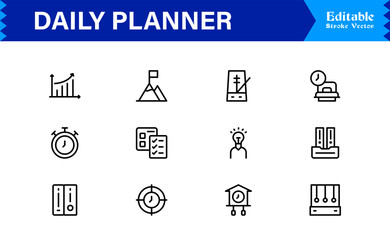 Daily Planner and Productivity Line Icon Set Modern Minimal Outline Symbols for Schedule, Task, and Time Management