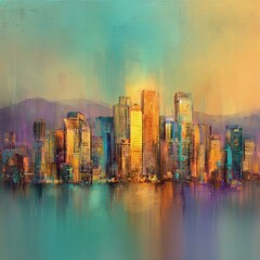Abstract Cityscape At Sunrise Or Sunset With Vibrant Colors