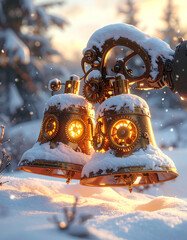 Golden Christmas Bells Covered in Snow at Sunset.