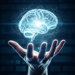 Digital Brain Hologram Above Open Hand.