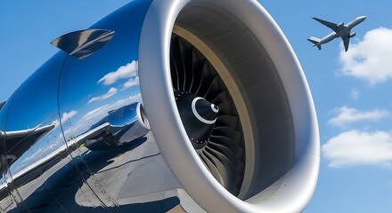 Closeup of Modern Jet Engine with Airplane Flying Above Blue Sky.