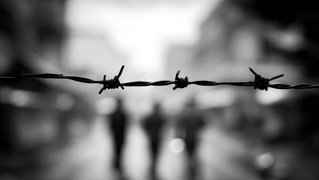 Fototapeta Razor wire barrier against a blurred city background.